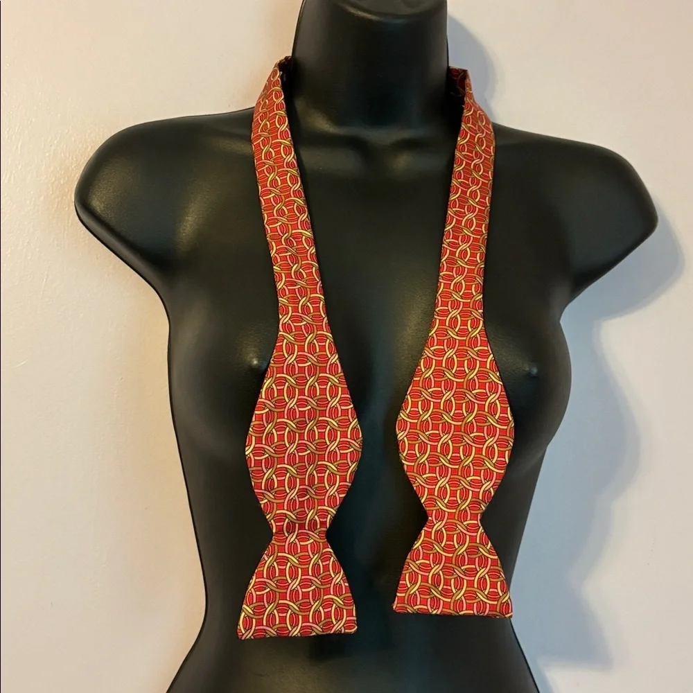 Carrot & Gibbs Handmade Pure Silk Red With Geometric Pattern Adjustable Bow Tie